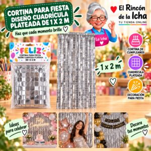 RI-0009855 Cortina para Fiesta Diseño Cuadrícula Plateada de 1 x 2 m Feliz