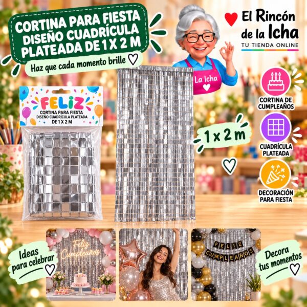 RI-0009855 Cortina para Fiesta Diseño Cuadrícula Plateada de 1 x 2 m Feliz