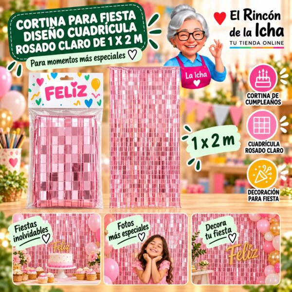 RI-0009856 Cortina para Fiesta Diseño Cuadrícula Rosado Claro de 1 x 2 m Feliz