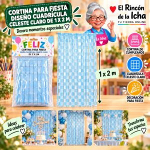 RI-0009857 Cortina para Fiesta Diseño Cuadrícula Celeste Claro de 1 x 2 m Feliz