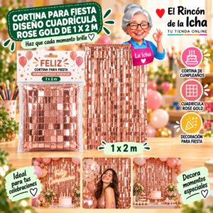 RI-0009858 Cortina para Fiesta Diseño Cuadrícula Rose Gold de 1 x 2 m Feliz