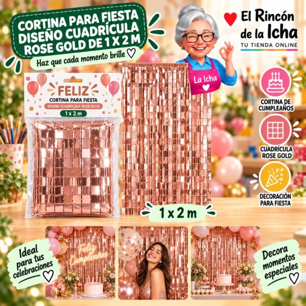 RI-0009858 Cortina para Fiesta Diseño Cuadrícula Rose Gold de 1 x 2 m Feliz