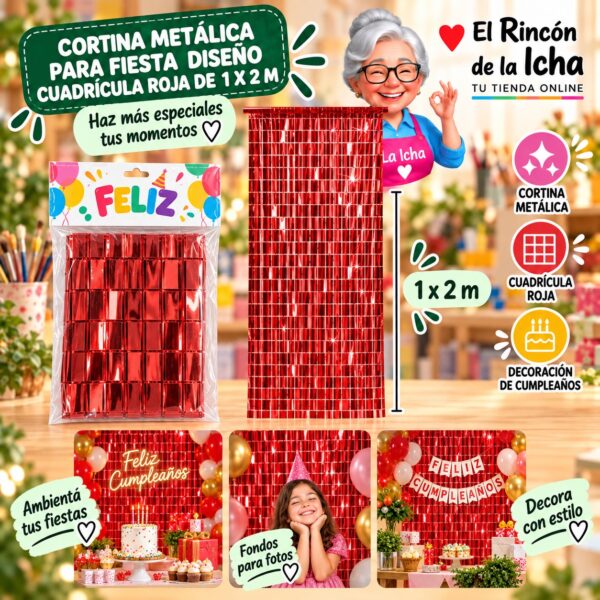 RI-0009860 Cortina Metálica para Fiesta Diseño Cuadrícula Roja de 1 x 2 m Feliz