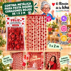 RI-0009861 Cortina Metálica para Fiesta Diseño Corazones Rojos de 1 x 2 m Feliz