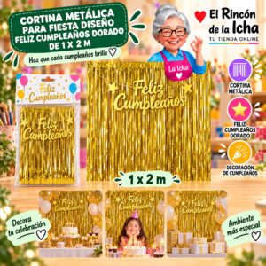 RI-0009862 Cortina Metálica para Fiesta Diseño Feliz Cumpleaños Dorado de 1 x 2 m Feliz
