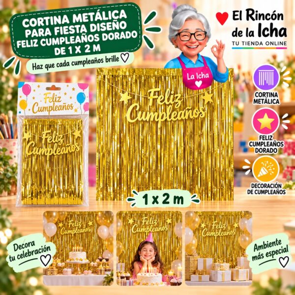 RI-0009862 Cortina Metálica para Fiesta Diseño Feliz Cumpleaños Dorado de 1 x 2 m Feliz
