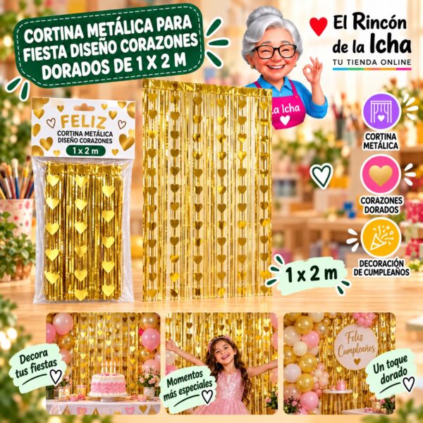 RI-0009863 Cortina Metálica para Fiesta Diseño Corazones Dorados de 1 x 2 m Feliz