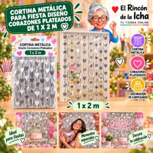 RI-0009864 Cortina Metálica para Fiesta Diseño Corazones Plateados de 1 x 2 m Feliz