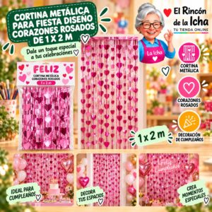 RI-0009865 Cortina Metálica para Fiesta Diseño Corazones Rosados de 1 x 2 m Feliz