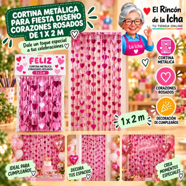 RI-0009865 Cortina Metálica para Fiesta Diseño Corazones Rosados de 1 x 2 m Feliz