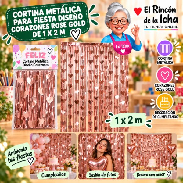 RI-0009866 Cortina Metálica para Fiesta Diseño Corazones Rose Gold de 1 x 2 m Feliz
