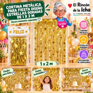 RI-0009867 Cortina Metálica para Fiesta Diseño Estrellas Doradas de 1 x 2 m Feliz