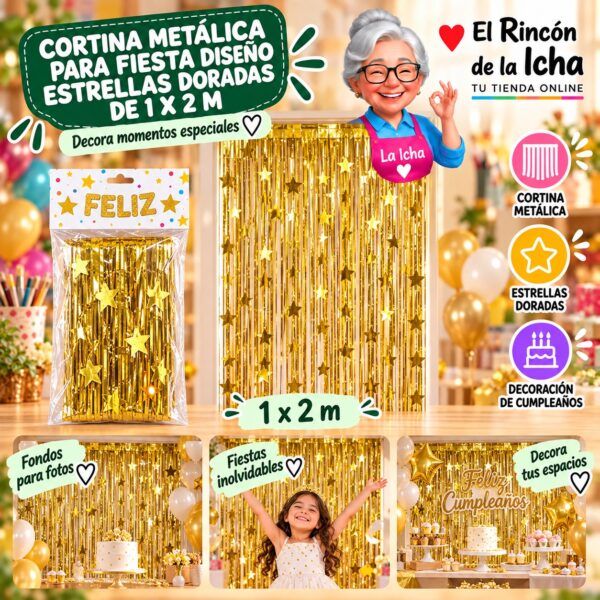 RI-0009867 Cortina Metálica para Fiesta Diseño Estrellas Doradas de 1 x 2 m Feliz