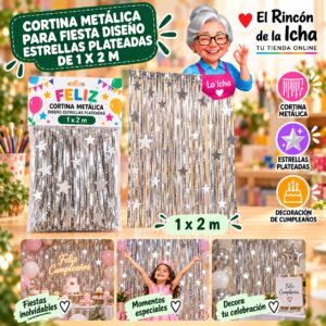 RI-0009868 Cortina Metálica para Fiesta Diseño Estrellas Plateadas de 1 x 2 m Feliz