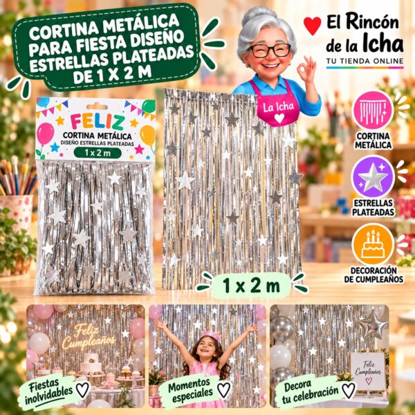 RI-0009868 Cortina Metálica para Fiesta Diseño Estrellas Plateadas de 1 x 2 m Feliz