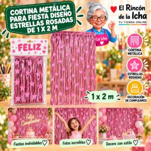RI-0009869 Cortina Metálica para Fiesta Diseño Estrellas Rosadas de 1 x 2 m Feliz