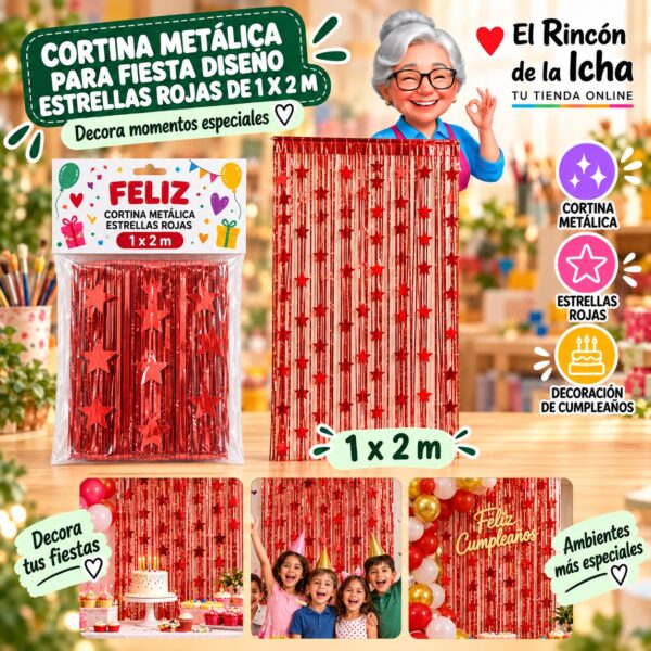 RI-0009870 Cortina Metálica para Fiesta Diseño Estrellas Rojas de 1 x 2 m Feliz
