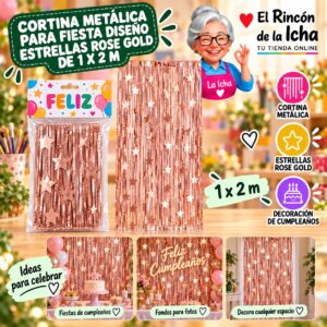 RI-0009871 Cortina Metálica para Fiesta Diseño Estrellas Rose Gold de 1 x 2 m Feliz