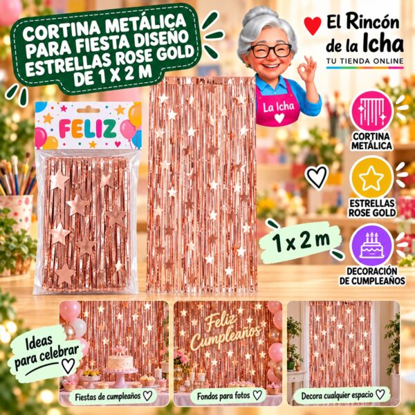 RI-0009871 Cortina Metálica para Fiesta Diseño Estrellas Rose Gold de 1 x 2 m Feliz
