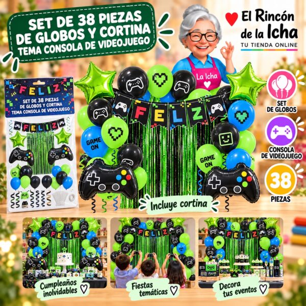RI-0009873 Set de 38 Piezas de Globos y Cortina Tema Consola de Videojuego Feliz