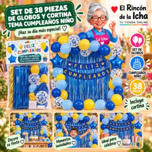 RI-0009875 Set de 38 Piezas de Globos y Cortina Tema Cumpleaños Niño Feliz