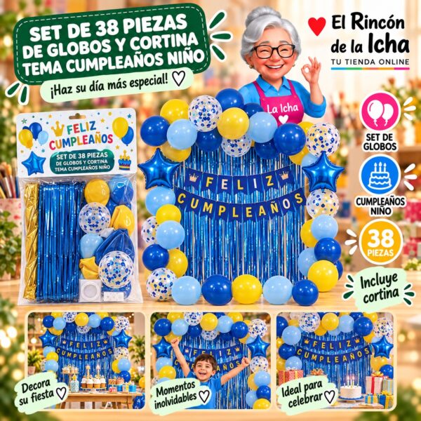 RI-0009875 Set de 38 Piezas de Globos y Cortina Tema Cumpleaños Niño Feliz