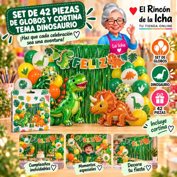RI-0009877 Set de 42 Piezas de Globos y Cortina Tema Dinosaurio Feliz
