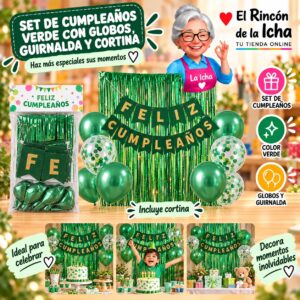 RI-0009878 Set de Cumpleaños Verde con Globos, Guirnalda y Cortina Feliz