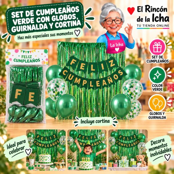 RI-0009878 Set de Cumpleaños Verde con Globos, Guirnalda y Cortina Feliz
