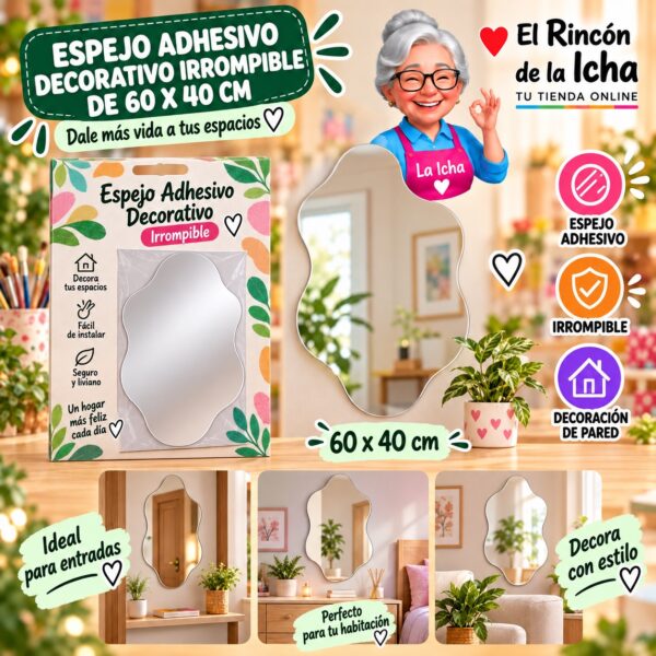 RI-0009879 Espejo Adhesivo Decorativo Irrompible de 60 x 40 cm Feliz