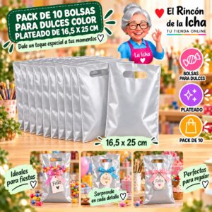 RI-0009880 Pack de 10 Bolsas para Dulces Color Plateado de 16,5 x 25 cm Feliz
