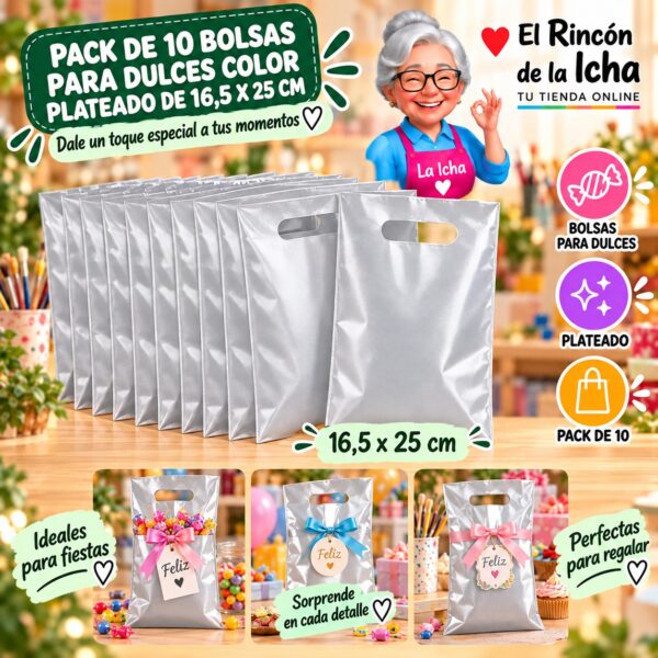 RI-0009880 Pack de 10 Bolsas para Dulces Color Plateado de 16,5 x 25 cm Feliz