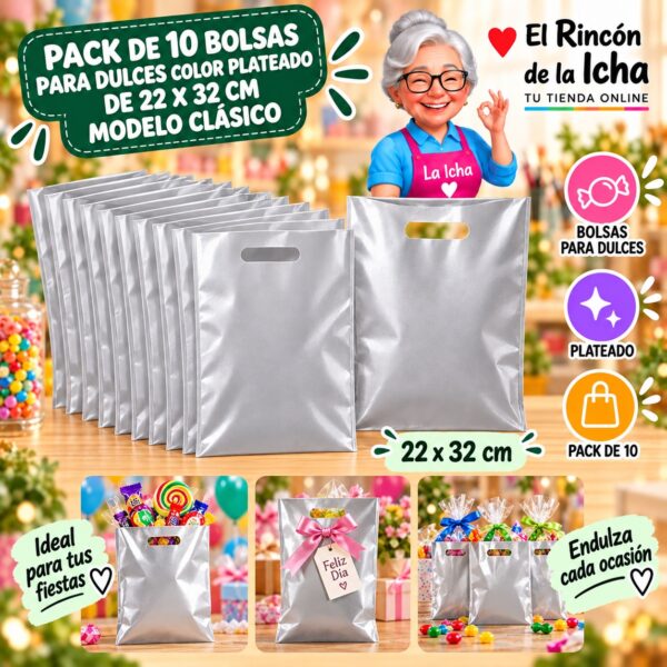 RI-0009881 Pack de 10 Bolsas para Dulces Color Plateado de 22 x 32 cm Modelo Clásico Feliz