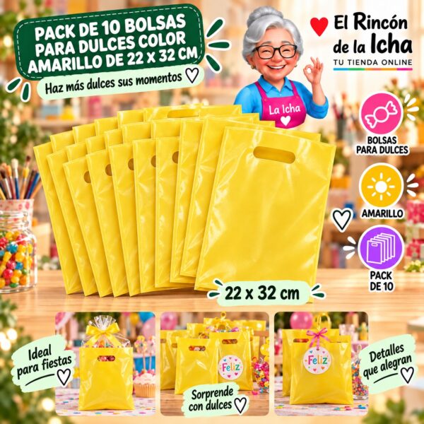 RI-0009882 Pack de 10 Bolsas para Dulces Color Amarillo de 22 x 32 cm Feliz