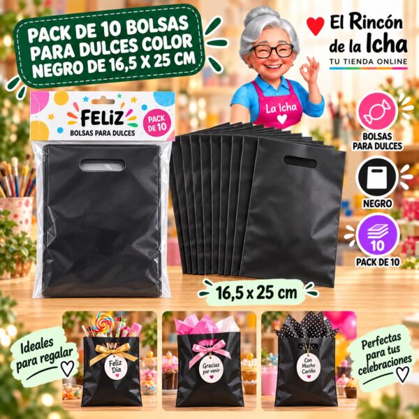 RI-0009883 Pack de 10 Bolsas para Dulces Color Negro de 16,5 x 25 cm Feliz