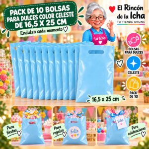 RI-0009884 Pack de 10 Bolsas para Dulces Color Celeste de 16,5 x 25 cm Feliz