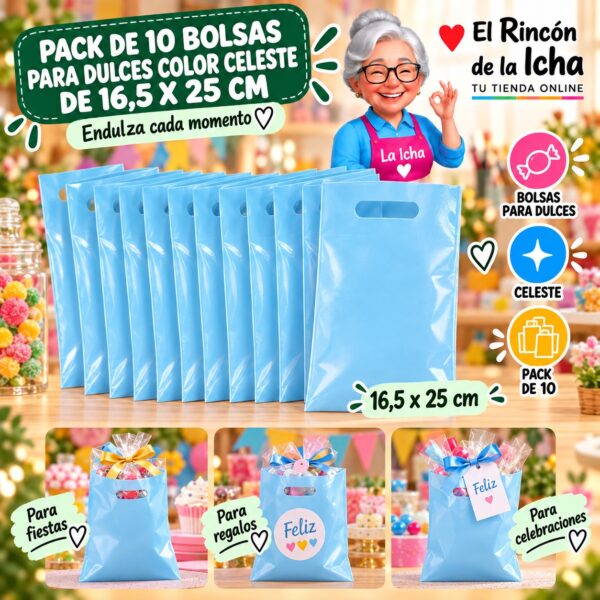 RI-0009884 Pack de 10 Bolsas para Dulces Color Celeste de 16,5 x 25 cm Feliz