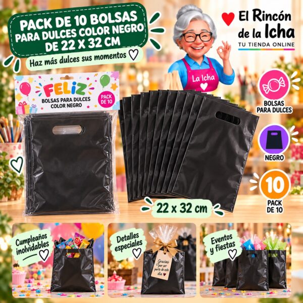 RI-0009885 Pack de 10 Bolsas para Dulces Color Negro de 22 x 32 cm Feliz