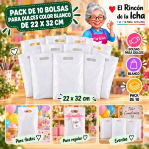 RI-0009886 Pack de 10 Bolsas para Dulces Color Blanco de 22 x 32 cm Feliz