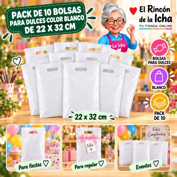 RI-0009886 Pack de 10 Bolsas para Dulces Color Blanco de 22 x 32 cm Feliz