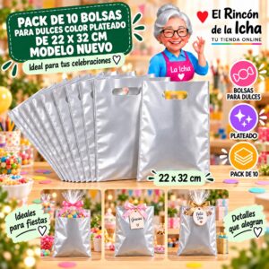 RI-0009887 Pack de 10 Bolsas para Dulces Color Plateado de 22 x 32 cm Modelo Nuevo Feliz