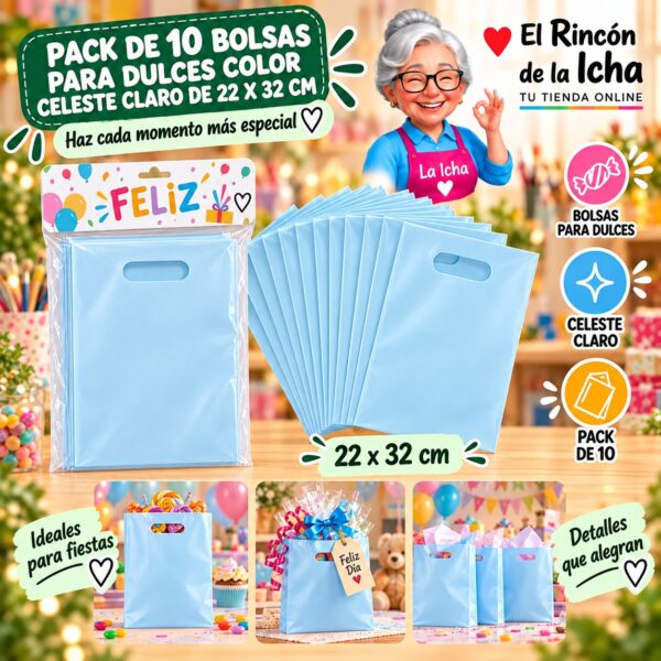 RI-0009888 Pack de 10 Bolsas para Dulces Color Celeste Claro de 22 x 32 cm Feliz