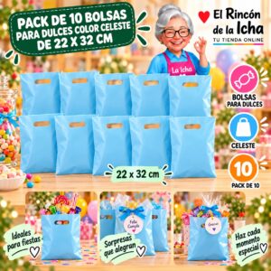 RI-0009889 Pack de 10 Bolsas para Dulces Color Celeste de 22 x 32 cm Feliz