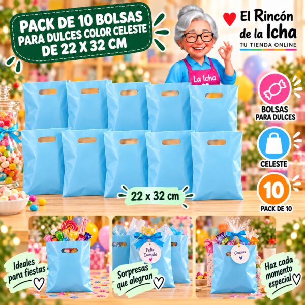 RI-0009889 Pack de 10 Bolsas para Dulces Color Celeste de 22 x 32 cm Feliz