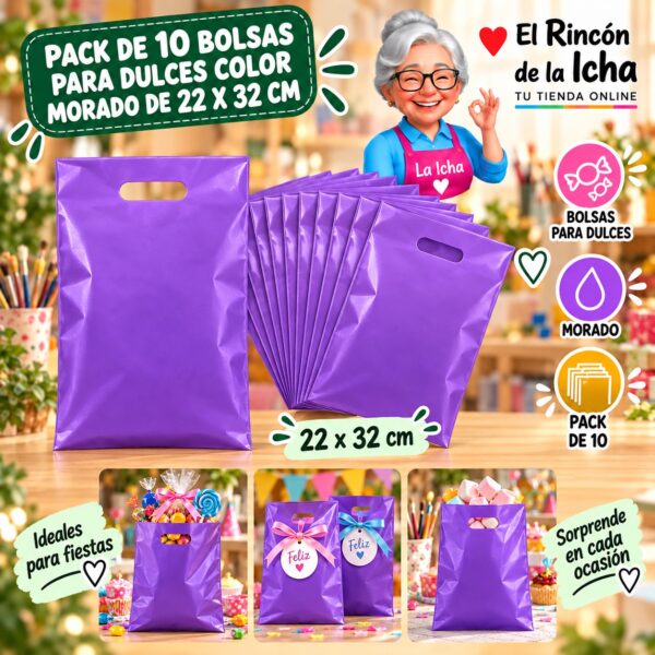 RI-0009890 Pack de 10 Bolsas para Dulces Color Morado de 22 x 32 cm Feliz