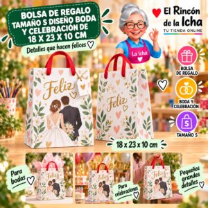 RI-0009891 Bolsa de Regalo Tamaño S Diseño Boda y Celebración de 18 x 23 x 10 cm Feliz