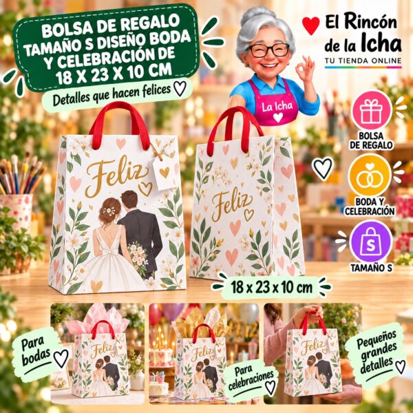 Bolsa de Regalo Tamaño S Diseño Boda y Celebración de 18 x 23 x 10 cm Feliz