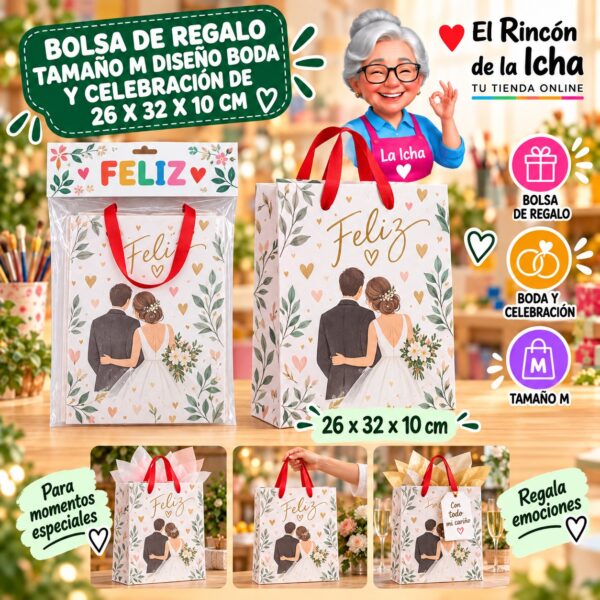Bolsa de Regalo Tamaño M Diseño Boda y Celebración de 26 x 32 x 10 cm Feliz