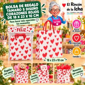 RI-0009893 Bolsa de Regalo Tamaño S Diseño Corazones Rojos de 18 x 23 x 10 cm Feliz
