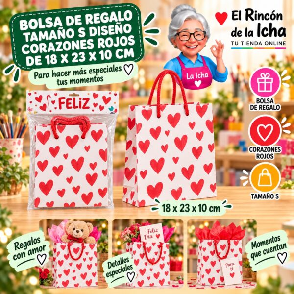 Bolsa de Regalo Tamaño S Diseño Corazones Rojos de 18 x 23 x 10 cm Feliz